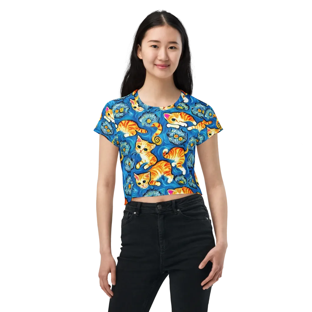 Indigo Marmalade Cats on Crop Tee — Front
