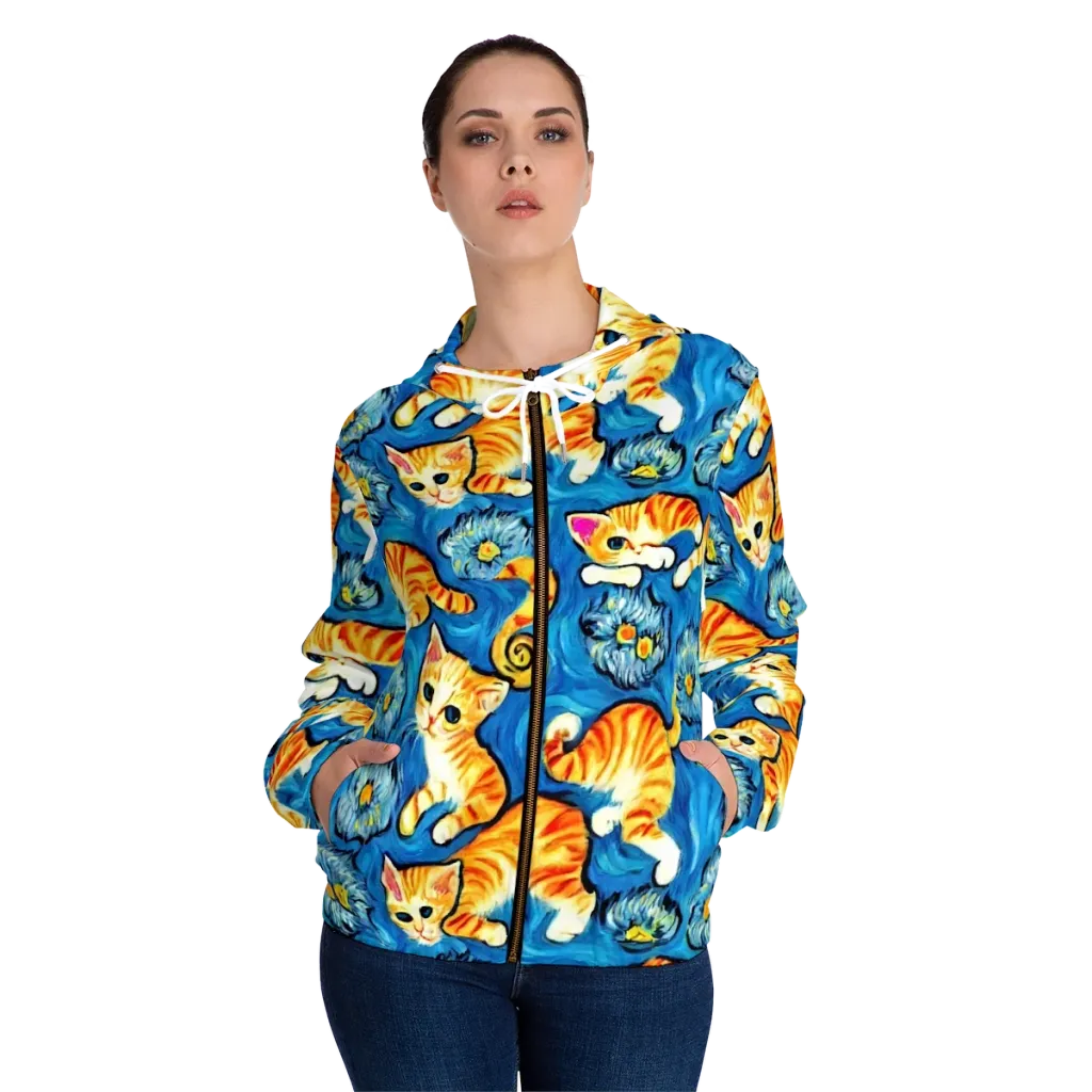 Indigo Marmalade Cats on Women's Full-Zip Hoodie — Front On Person
