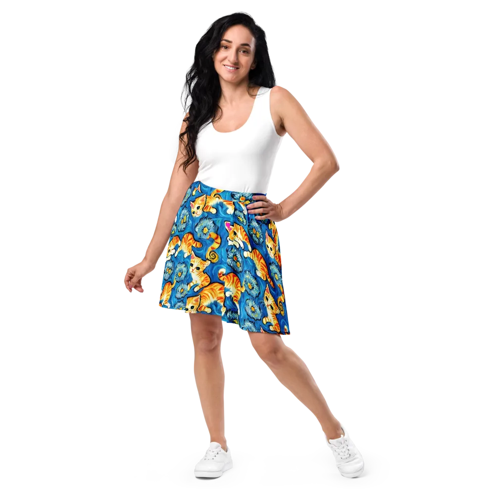 Indigo Marmalade Cats on Skater Skirt — Front