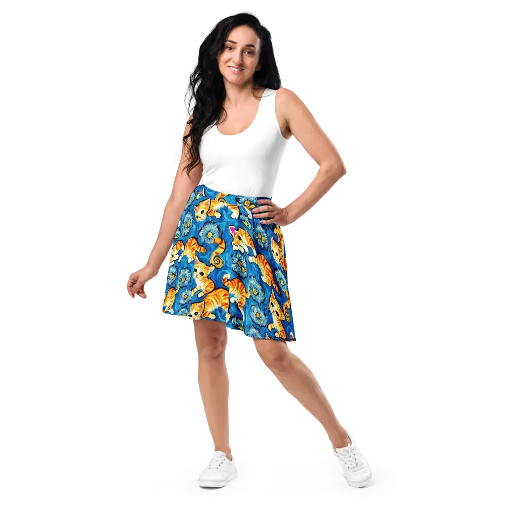 Indigo Marmalade Cats on Skater Skirt — Front