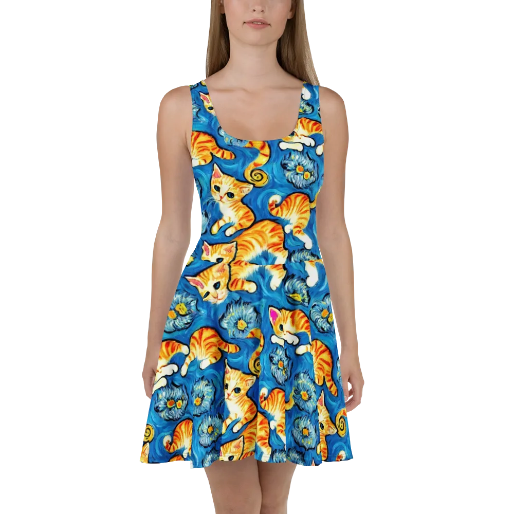 Indigo Marmalade Cats on Skater Dress — Front