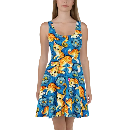 Indigo Marmalade Cats on a Skater Dress