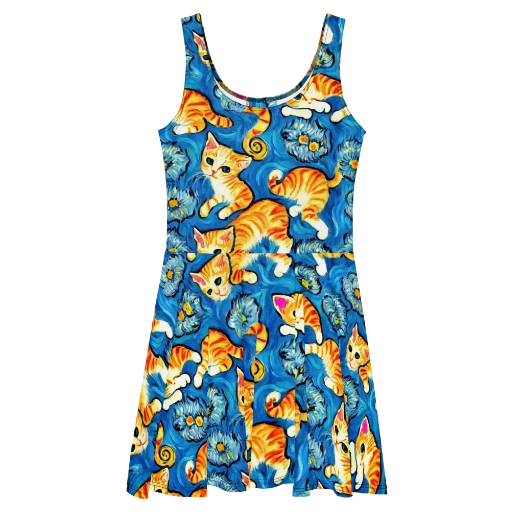 Indigo Marmalade Cats on Skater Dress — Front