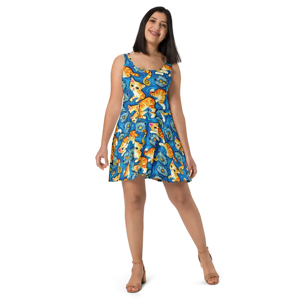 Indigo Marmalade Cats on Skater Dress — Front