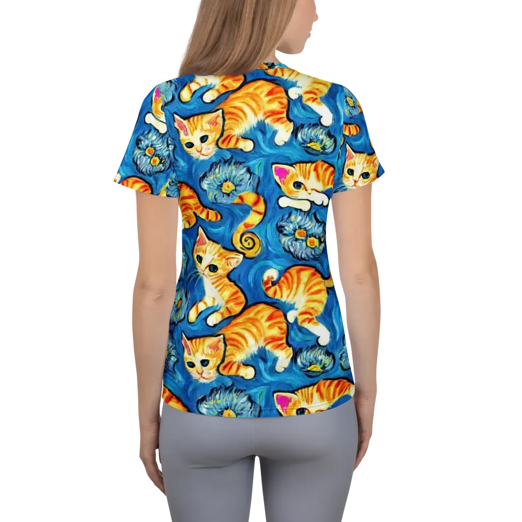 Indigo Marmalade Cats on Women's Athletic T-Shirt — Back