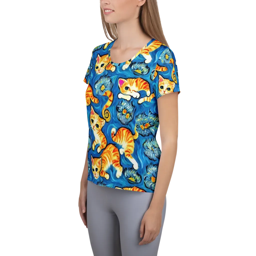 Indigo Marmalade Cats on Women's Athletic T-Shirt — Left