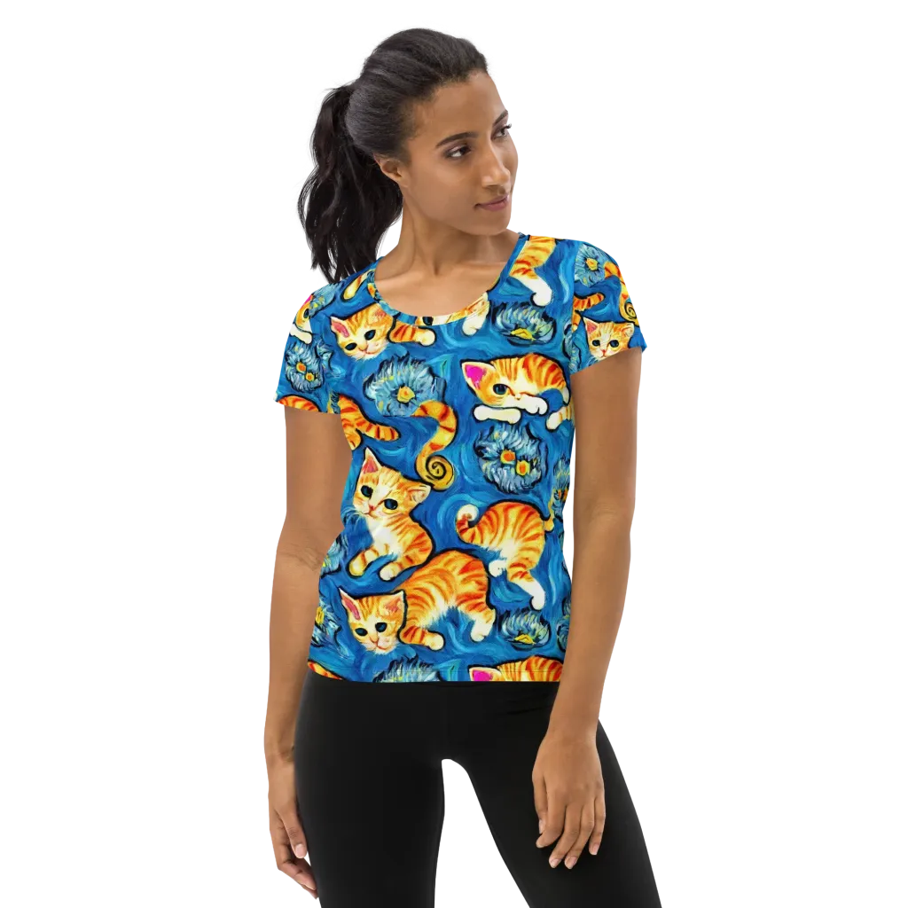 Indigo Marmalade Cats on Women's Athletic T-Shirt — Front