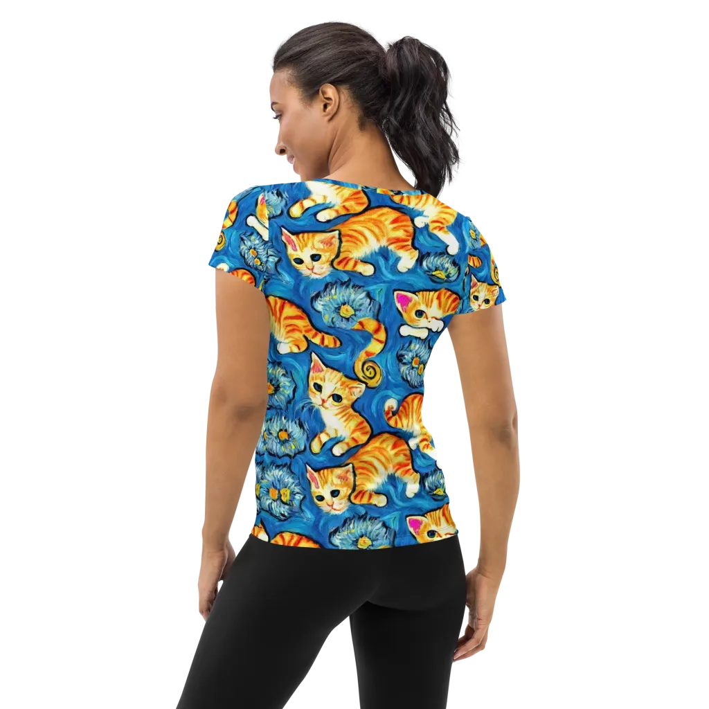 Indigo Marmalade Cats on Women's Athletic T-Shirt — Back
