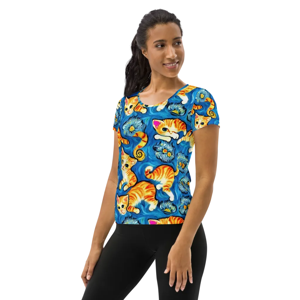 Indigo Marmalade Cats on Women's Athletic T-Shirt — Left
