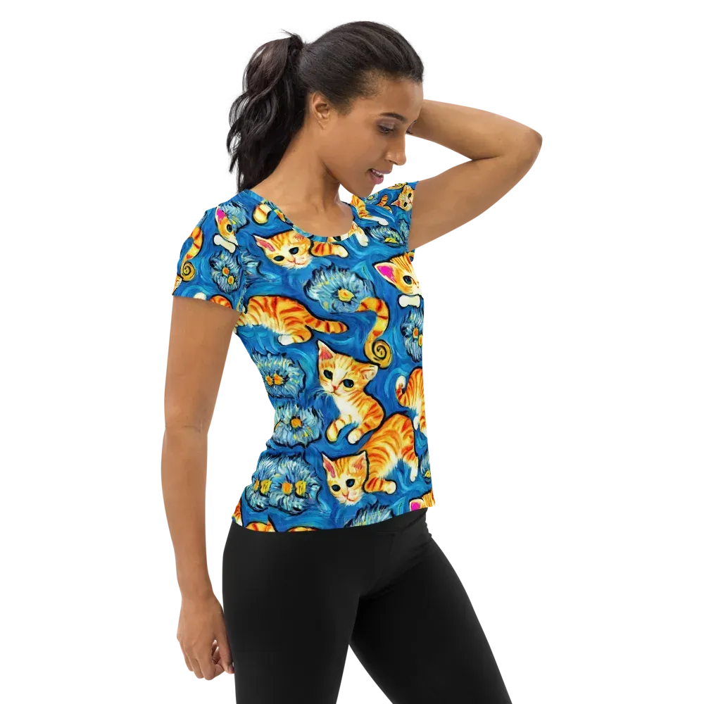Indigo Marmalade Cats on Women's Athletic T-Shirt — Right