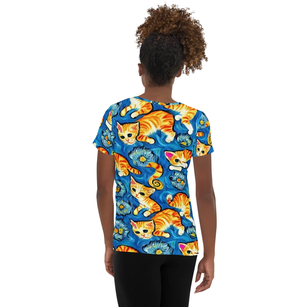 Indigo Marmalade Cats on Women's Athletic T-Shirt — Back