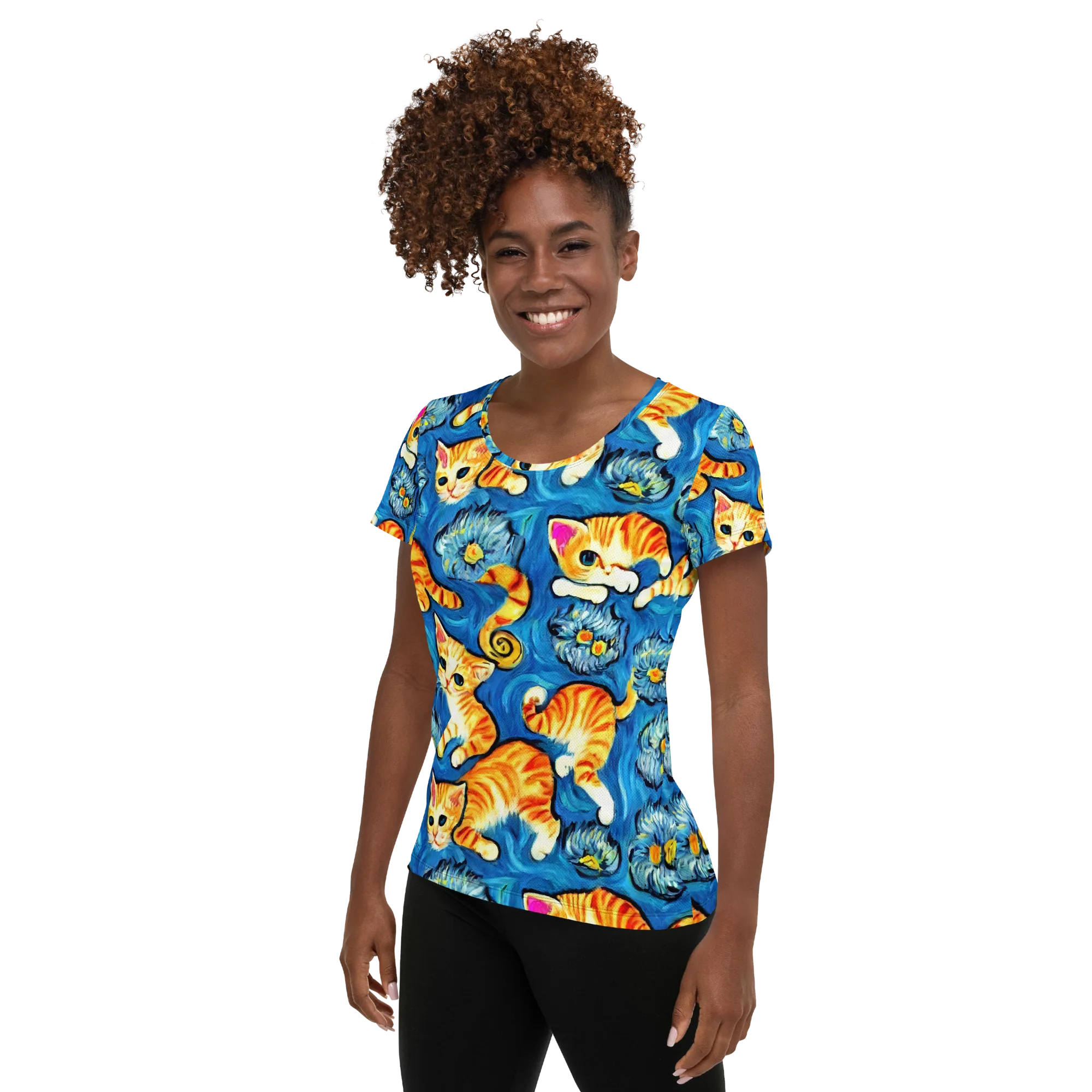 Indigo Marmalade Cats on Women's Athletic T-Shirt — Left