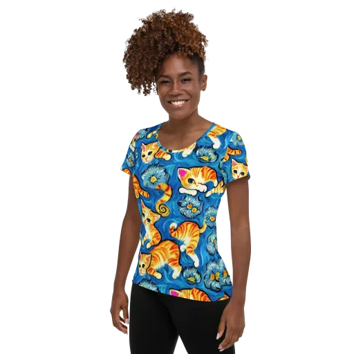 Indigo Marmalade Cats on a Women's Athletic T-Shirt