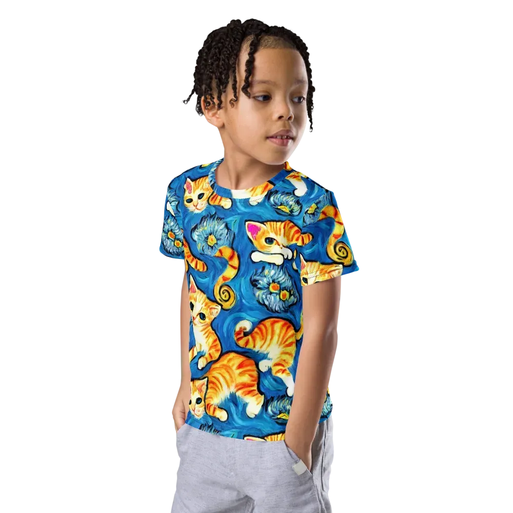 Indigo Marmalade Cats on Kids Crew Neck T-Shirt — Left Front