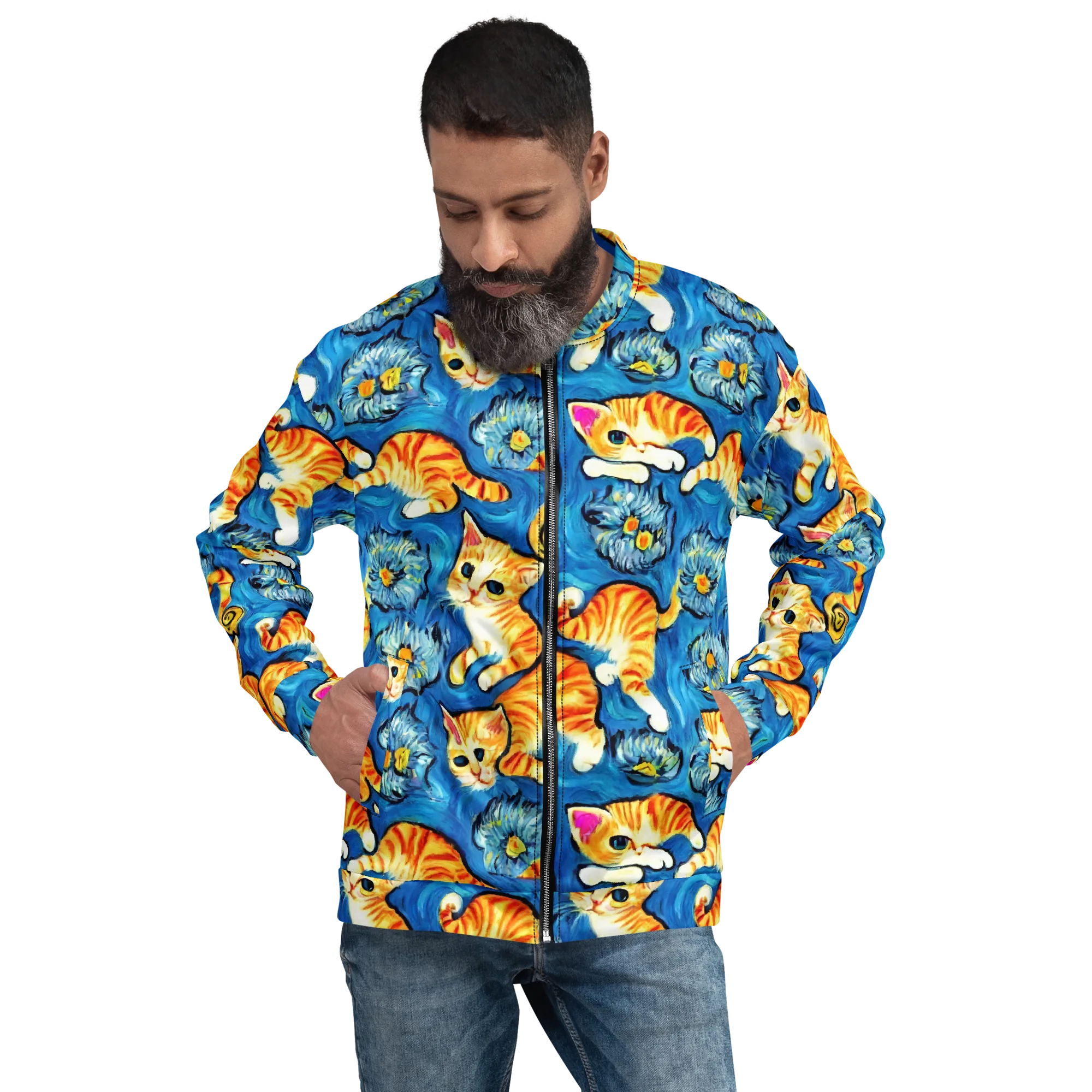 Indigo Marmalade Cats on Bomber Jacket — Front