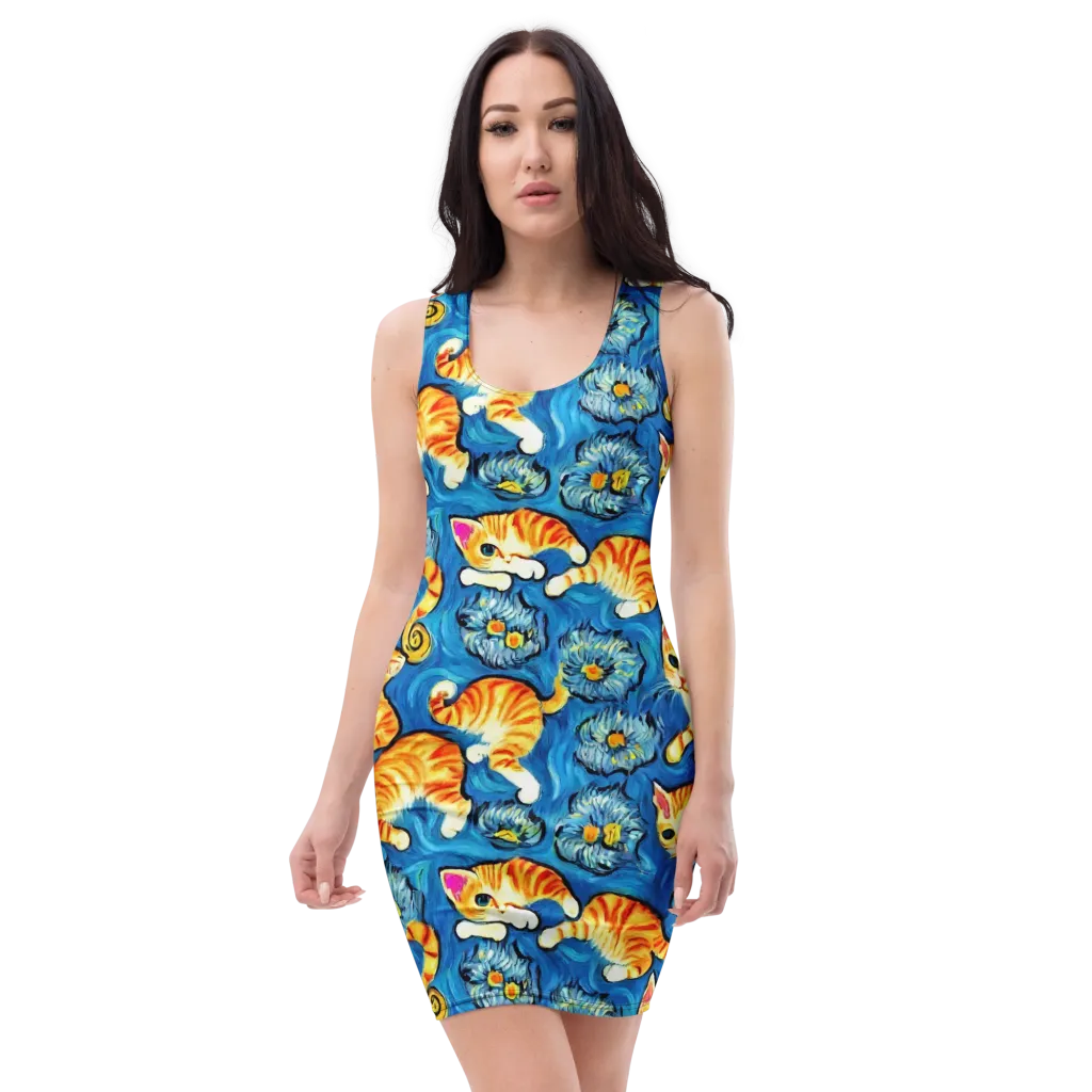 Indigo Marmalade Cats on Bodycon Dress — Front