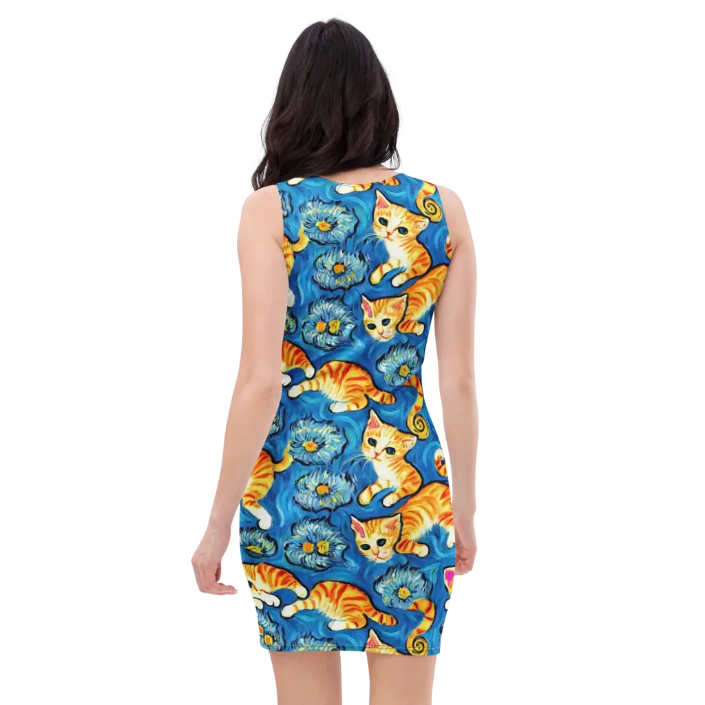Indigo Marmalade Cats on Bodycon Dress — Back