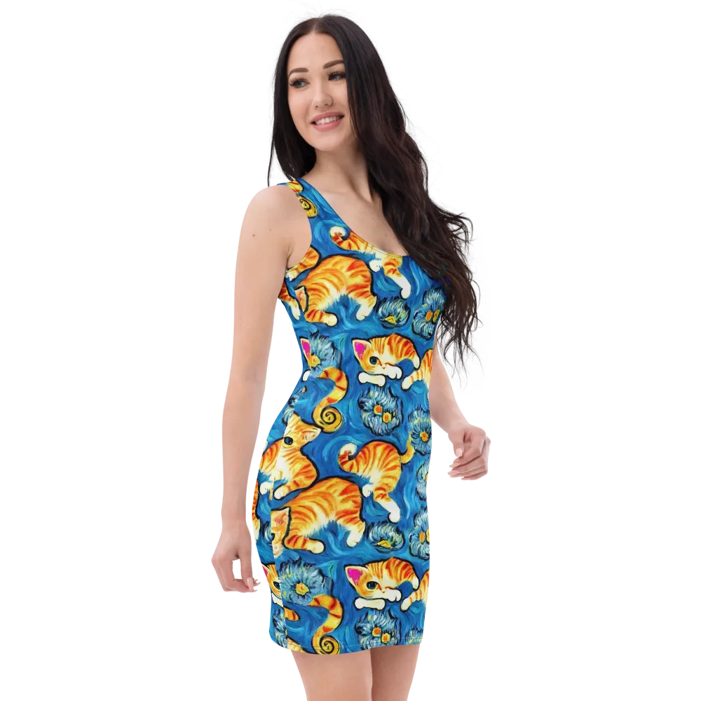 Indigo Marmalade Cats on Bodycon Dress — Right Front
