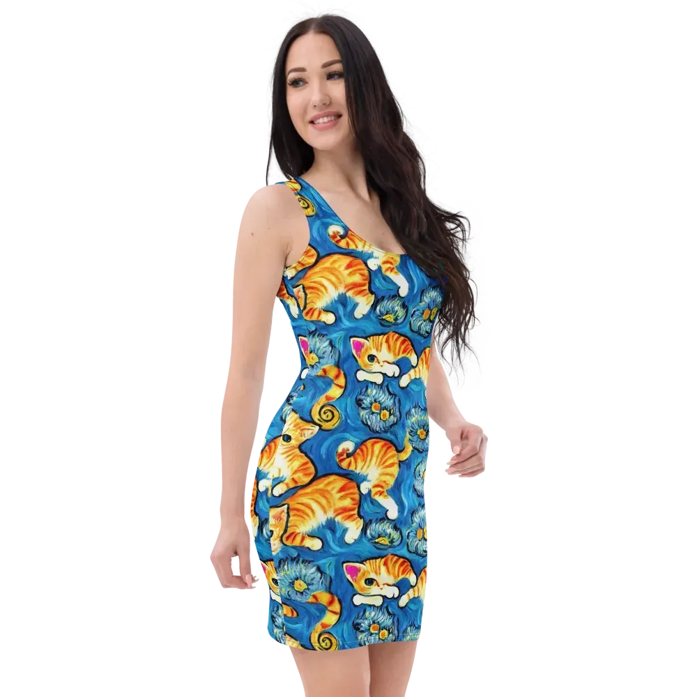 Indigo Marmalade Cats on Bodycon Dress — Right Front