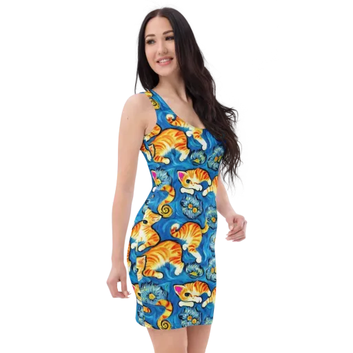 Indigo Marmalade Cats on a Bodycon Dress