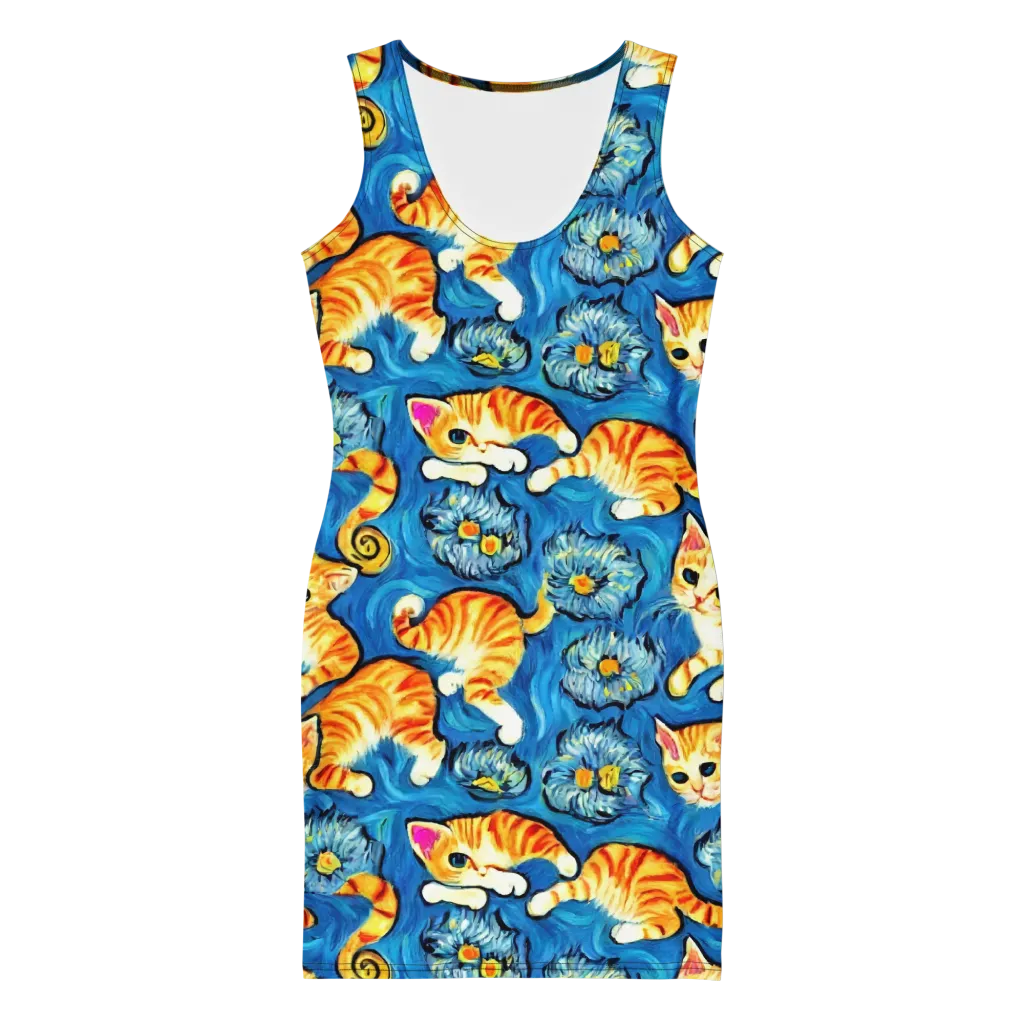 Indigo Marmalade Cats on Bodycon Dress — Front