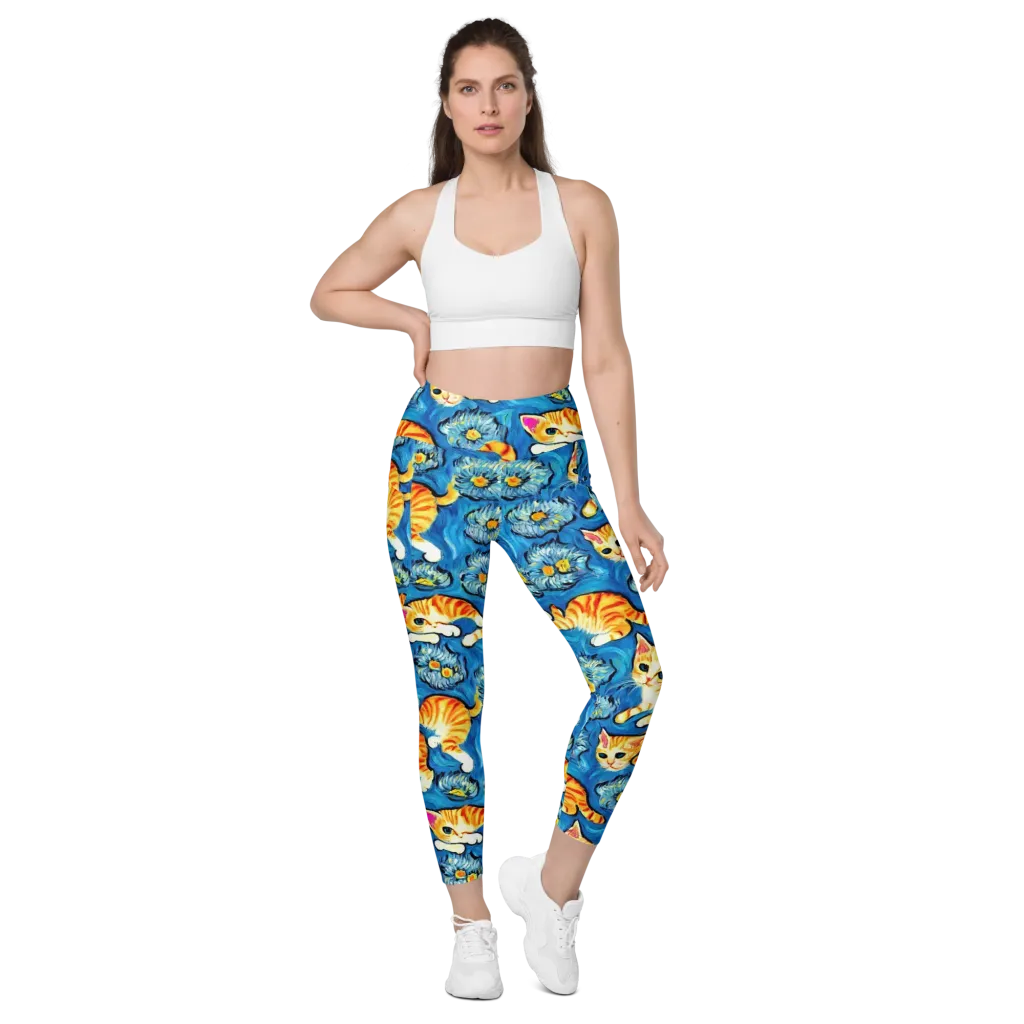 Indigo Marmalade Cats on Leggings with Pockets — Front