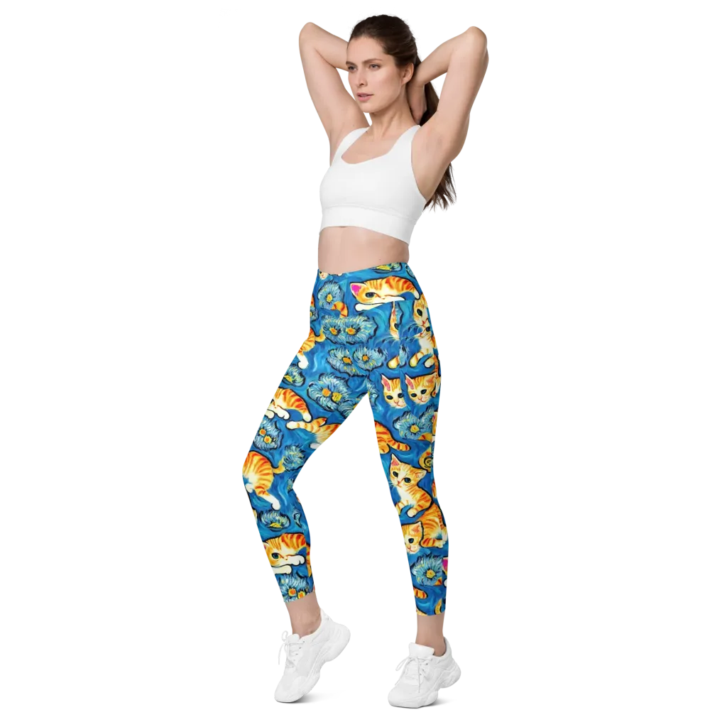 Indigo Marmalade Cats on Leggings with Pockets — Left Front
