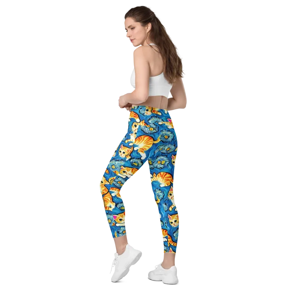 Indigo Marmalade Cats on Leggings with Pockets — Left Back