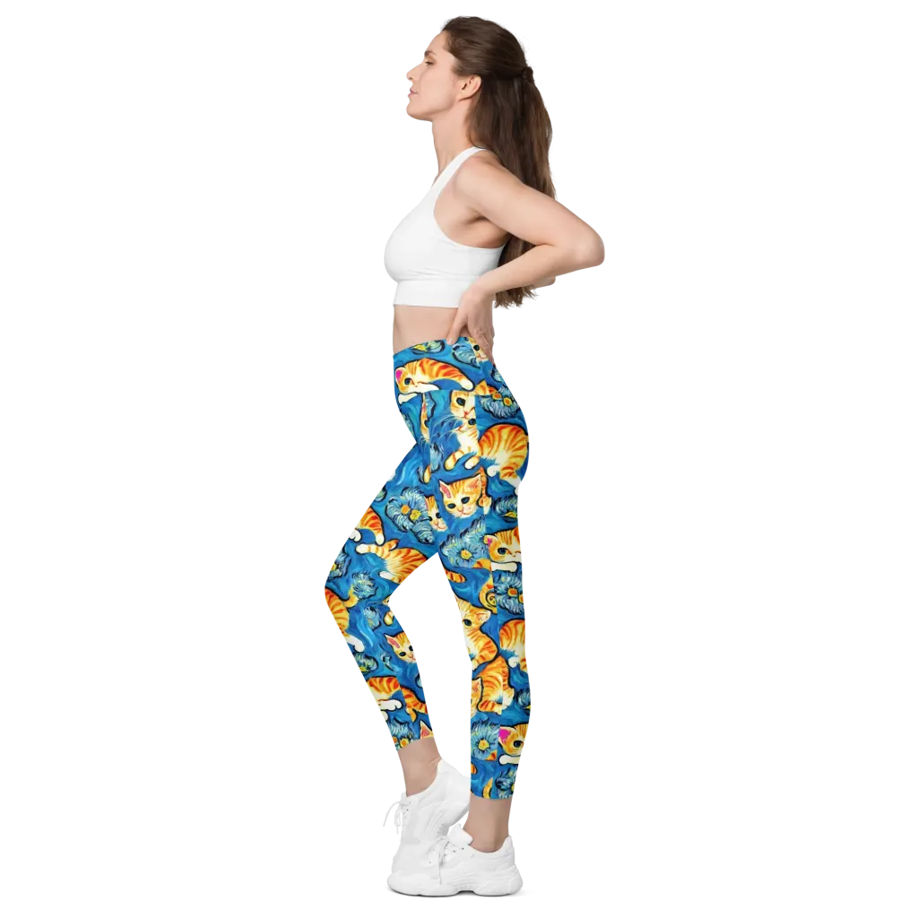 Indigo Marmalade Cats on Leggings with Pockets — Left