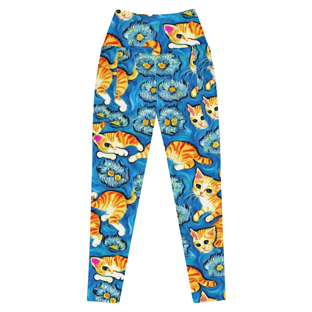 Indigo Marmalade Cats on Leggings with Pockets — Front