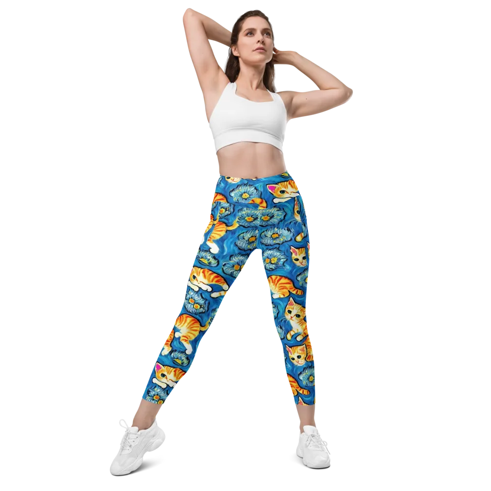 Indigo Marmalade Cats on Leggings with Pockets — Front
