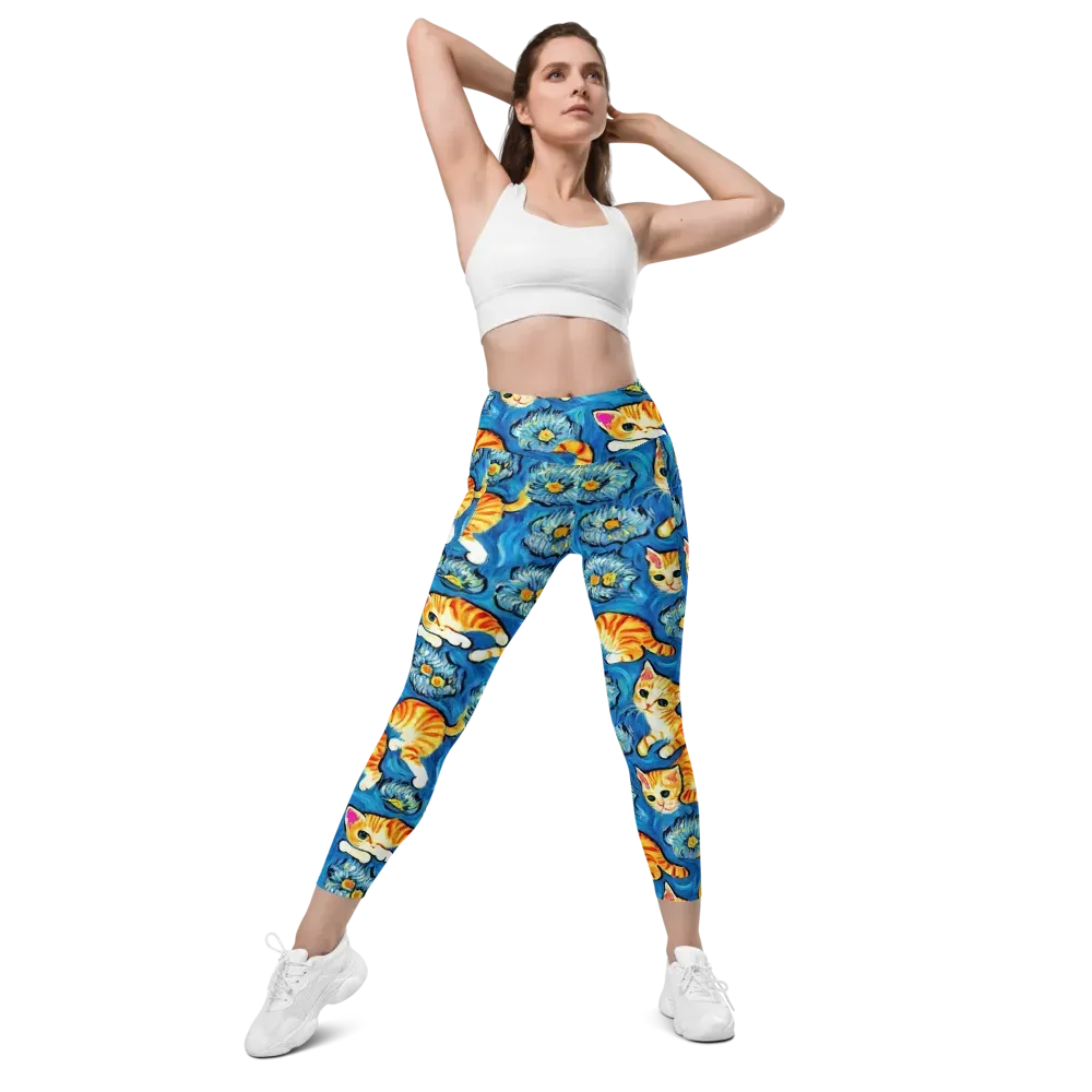 Indigo Marmalade Cats on Leggings with Pockets — Front