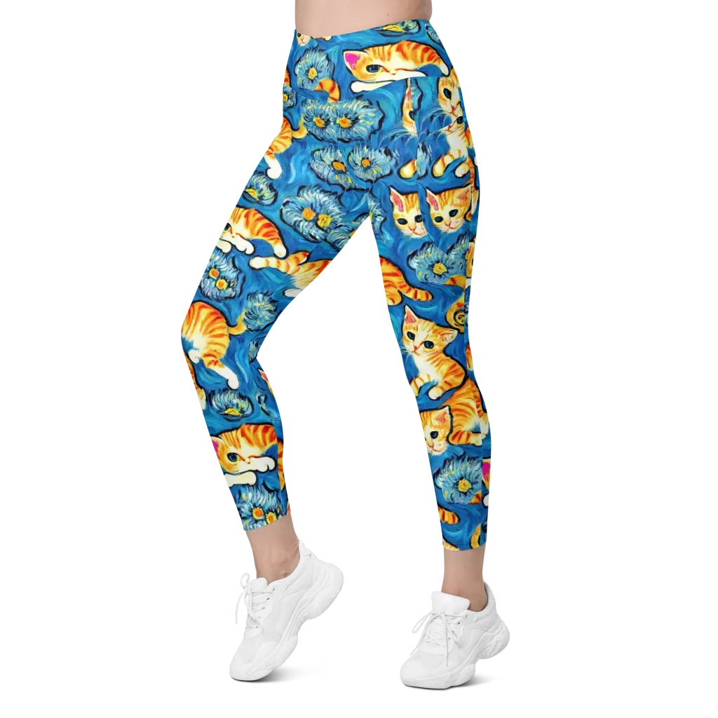 Indigo Marmalade Cats on Leggings with Pockets — Left Front