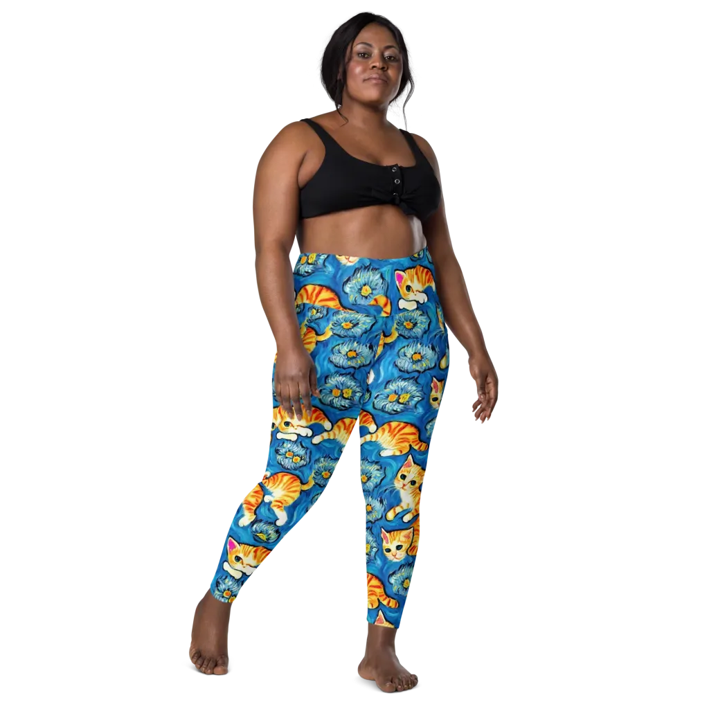 Indigo Marmalade Cats on Leggings with Pockets — Front