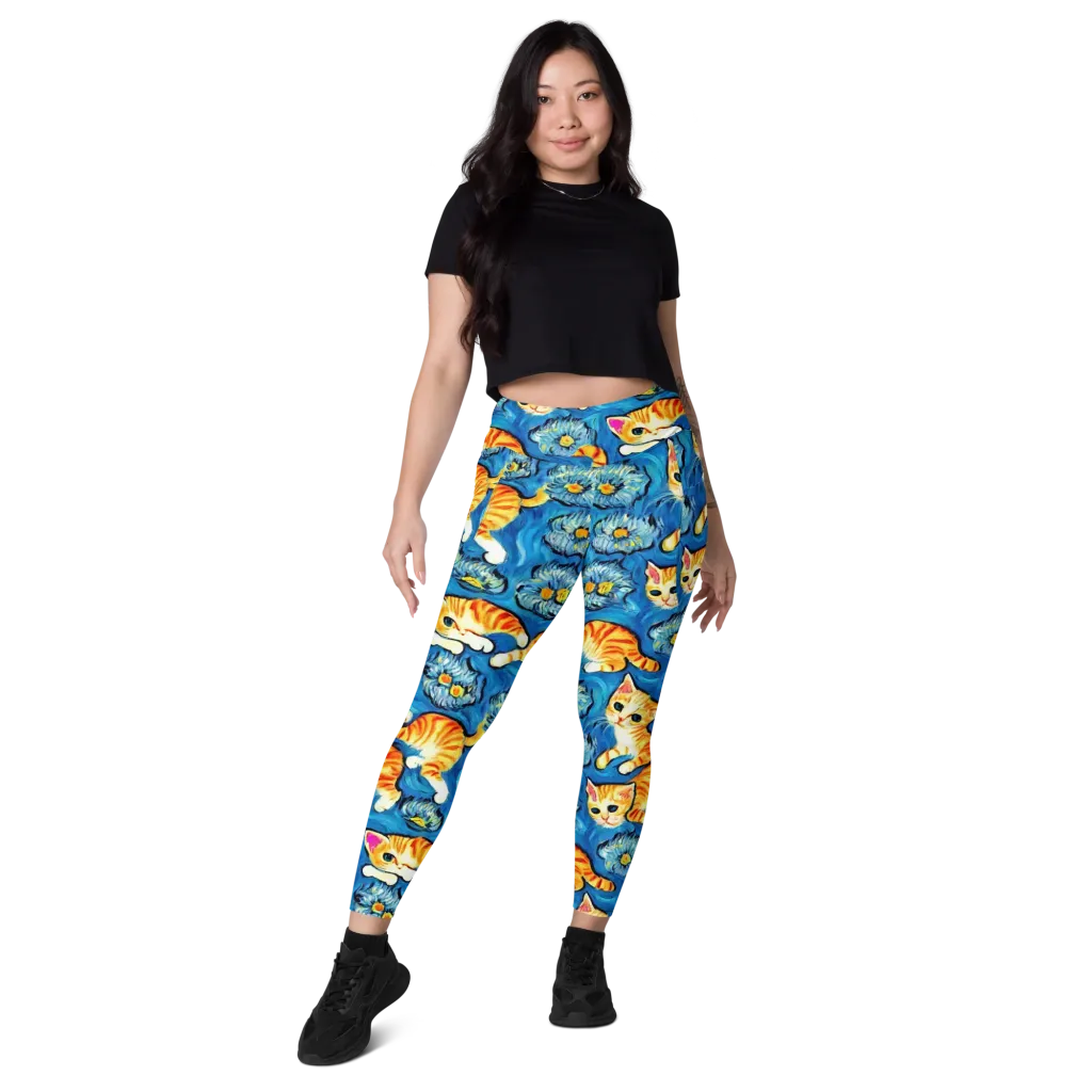 Indigo Marmalade Cats on Leggings with Pockets — Front
