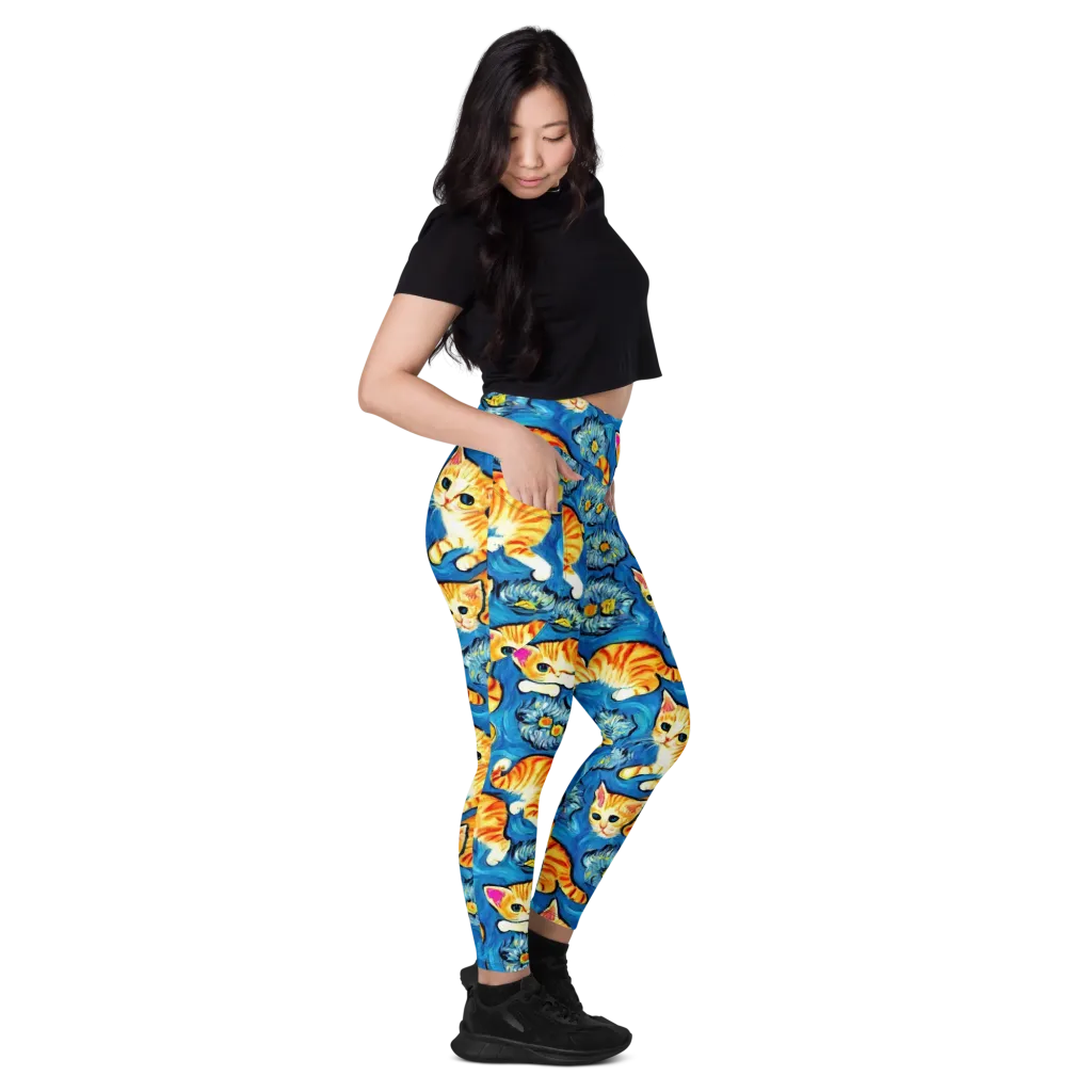 Indigo Marmalade Cats on Leggings with Pockets — Right