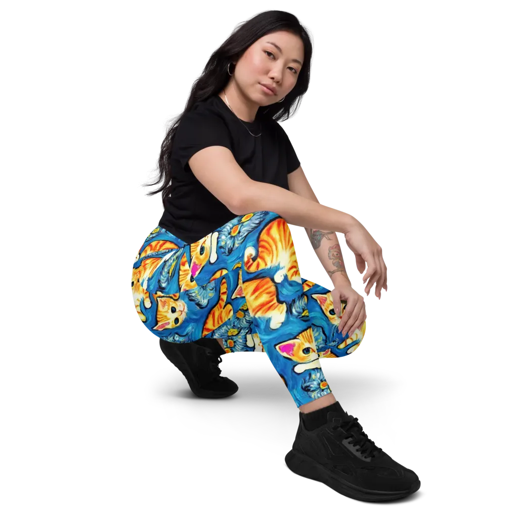 Indigo Marmalade Cats on Leggings with Pockets — Right Front