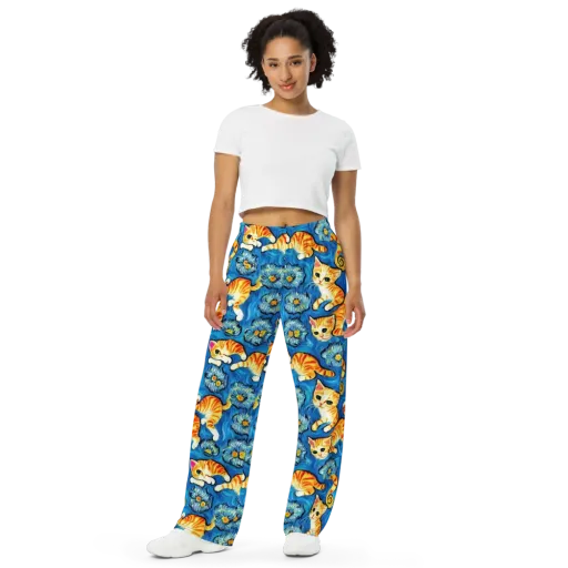 Indigo Marmalade Cats on a Wide-Leg Pants