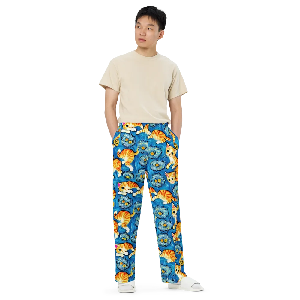 Indigo Marmalade Cats on Wide-Leg Pants — Front