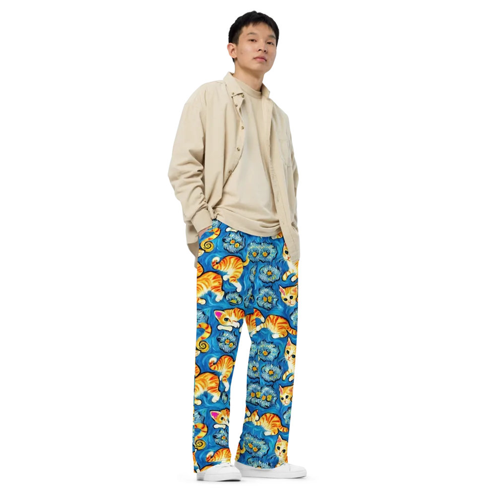 Indigo Marmalade Cats on Wide-Leg Pants — Right Front