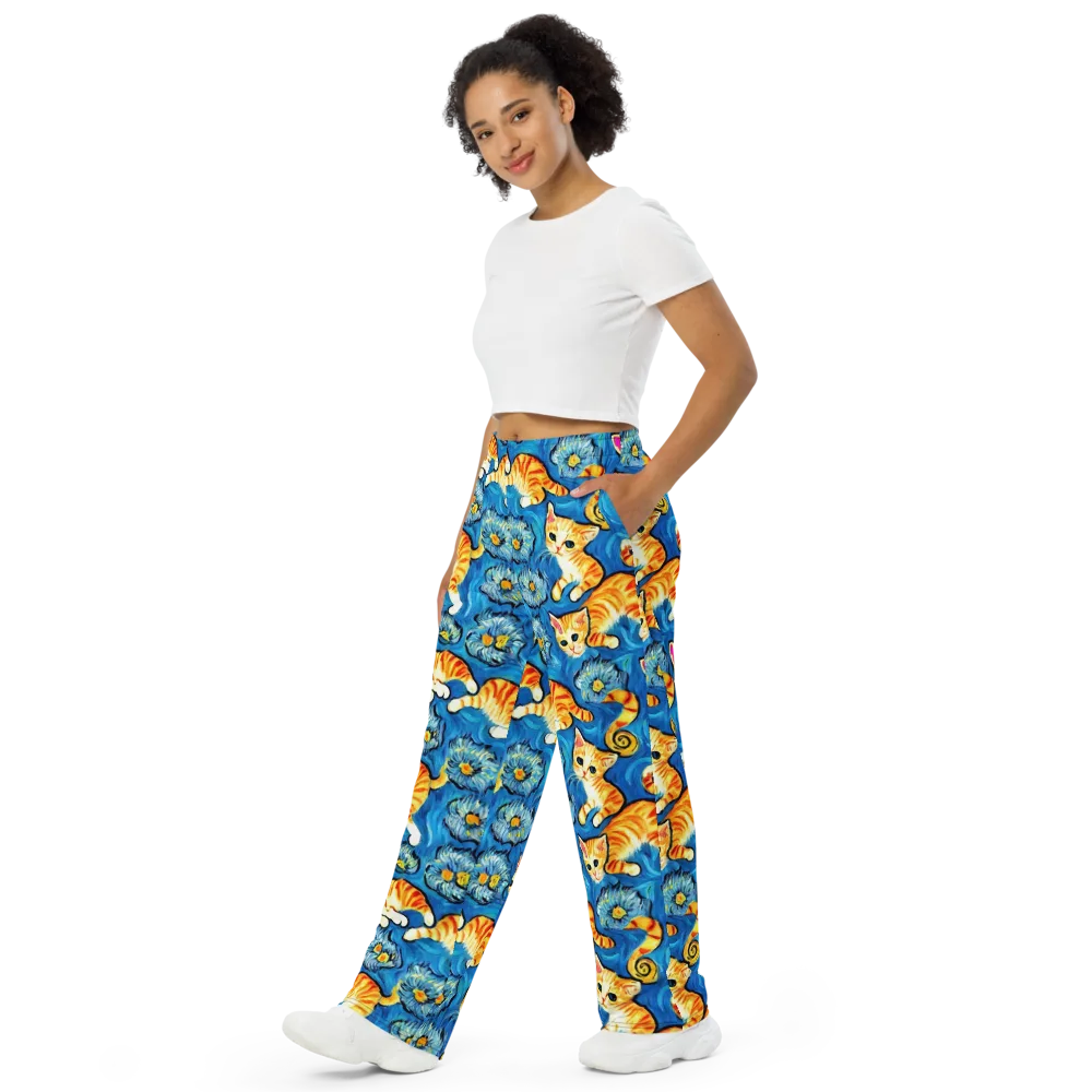 Indigo Marmalade Cats on Wide-Leg Pants — Left Front