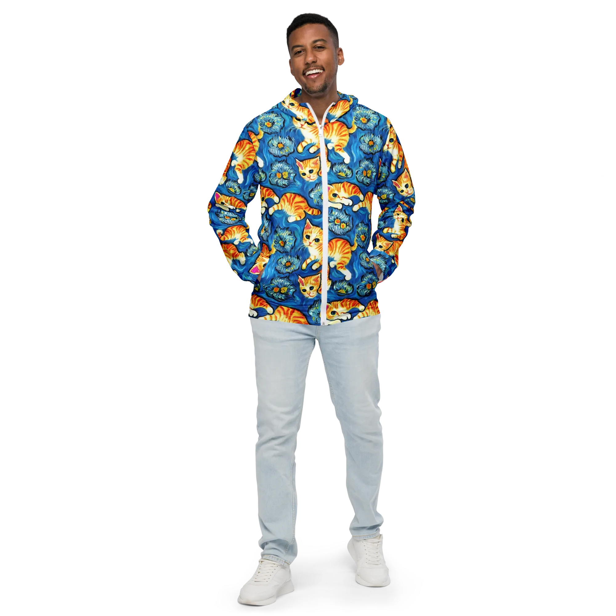 Indigo Marmalade Cats on Men's Windbreaker — Front