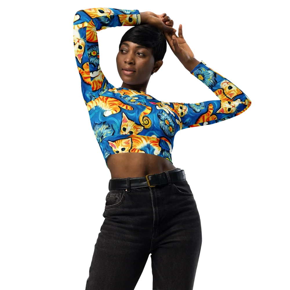 Indigo Marmalade Cats on Long Sleeve Crop Top — Front