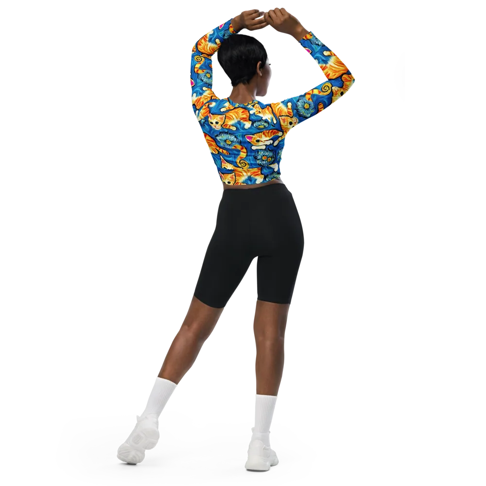 Indigo Marmalade Cats on Long Sleeve Crop Top — Back