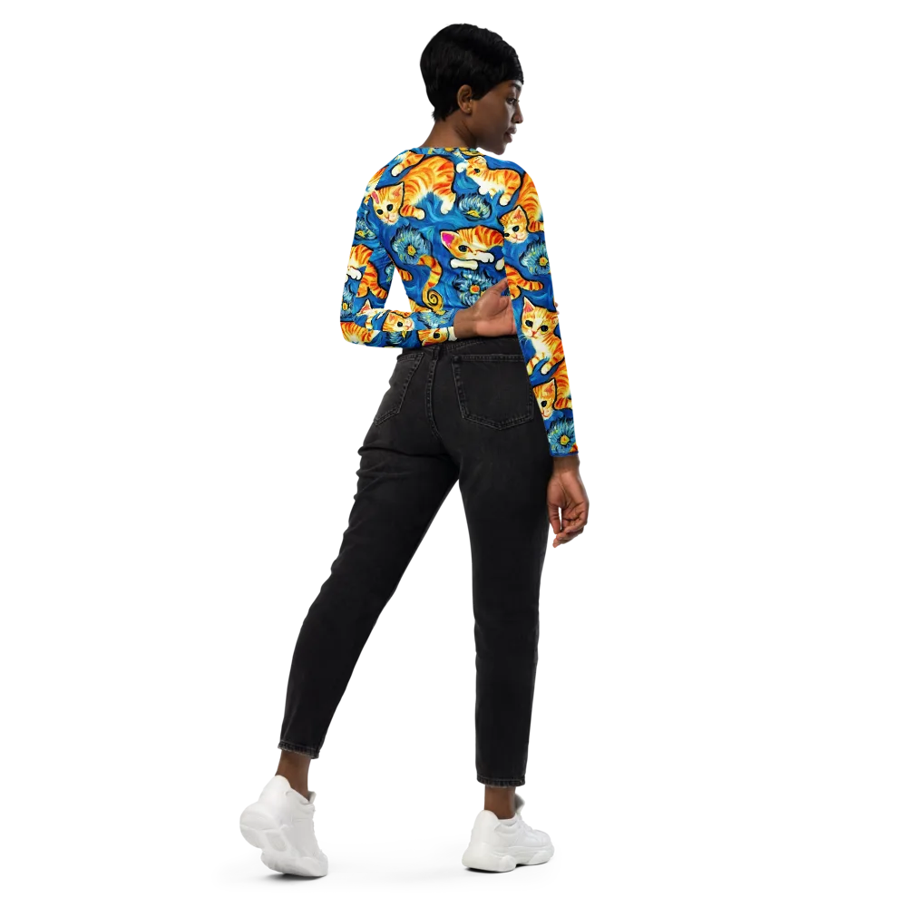 Indigo Marmalade Cats on Long Sleeve Crop Top — Right Back