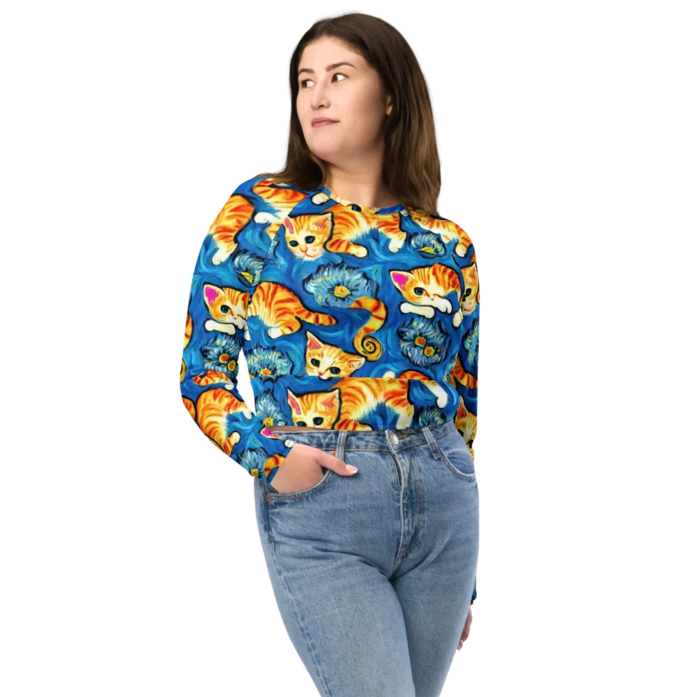 Indigo Marmalade Cats on Long Sleeve Crop Top — Front