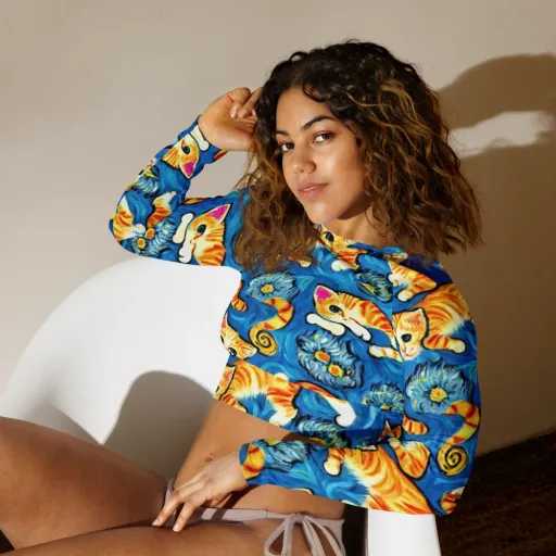 Indigo Marmalade Cats on a Long Sleeve Crop Top
