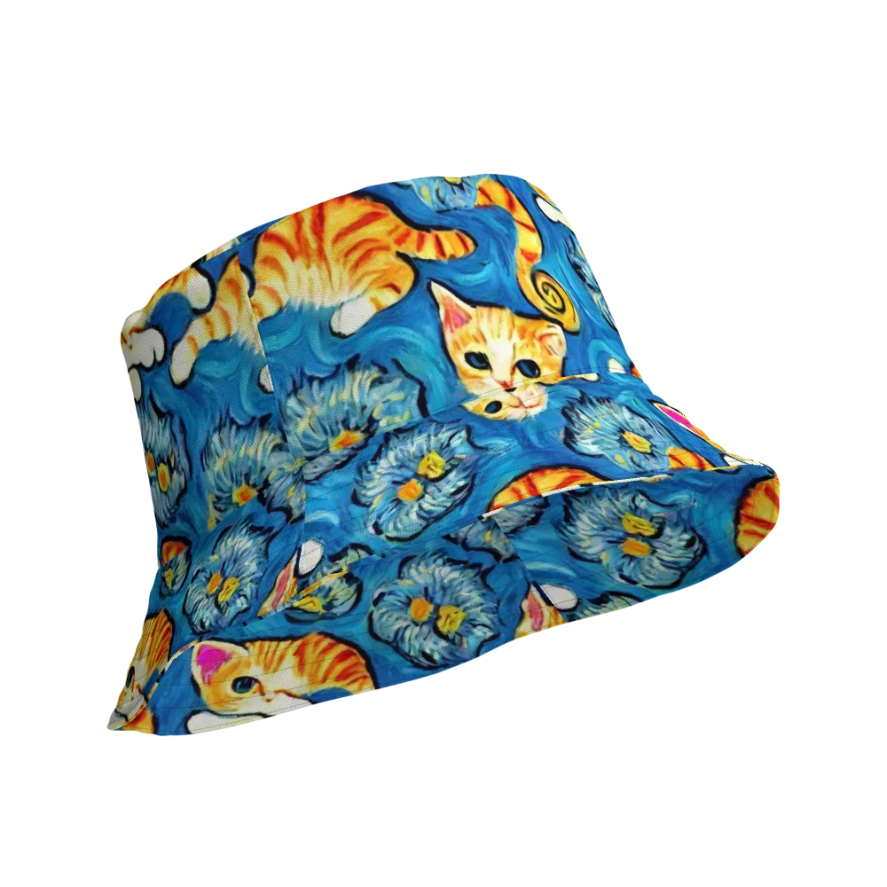 Indigo Marmalade Cats on Reversible Bucket Hat — Product details Outside