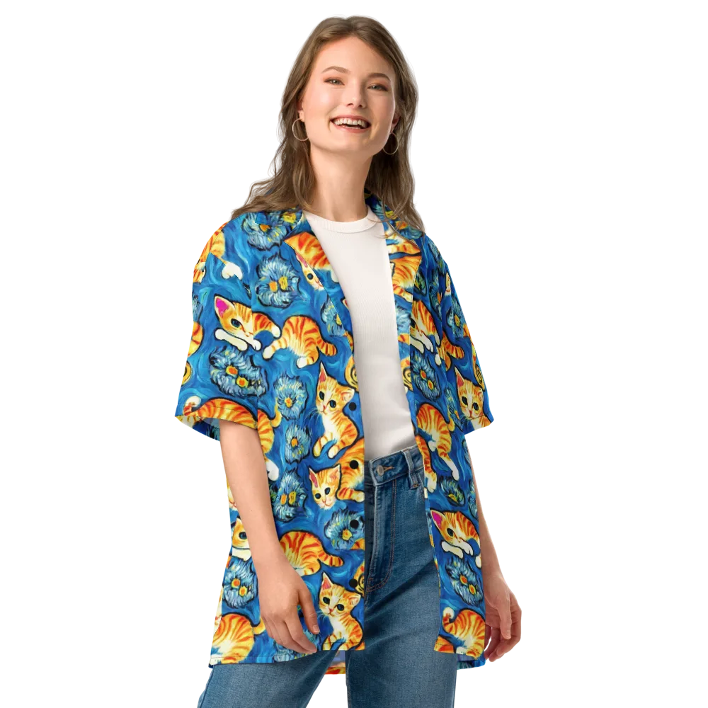Indigo Marmalade Cats on Button Shirt — Front