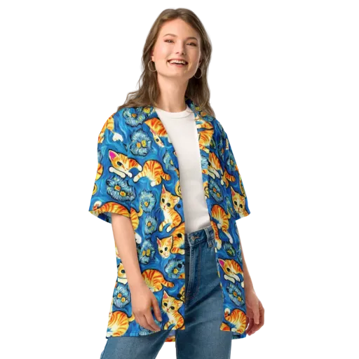 Indigo Marmalade Cats on a Button Shirt